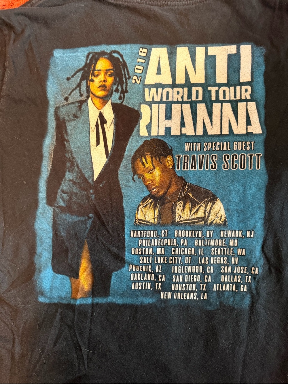 Rihanna Black Short Sleeve Tour Tee with Blue & Cream Print